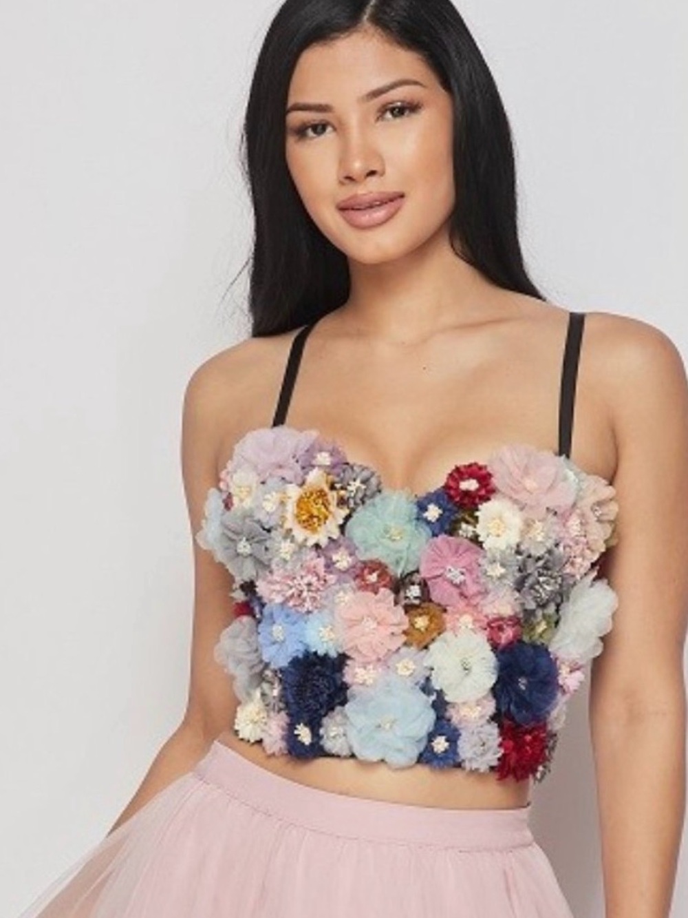 3D Bustier Floral Appliqué Corset Crop Top - Multicolor Flowers Size Large